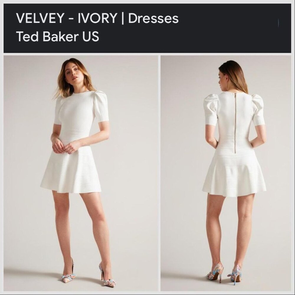 Ted Baker Velvey Puff Sleeve Dress with Engineered Skirt Ivory